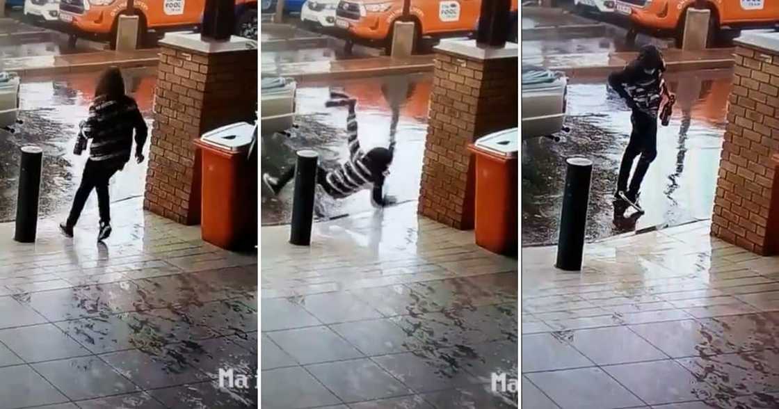 A gent slipped but was quick to protect the bottles of booze he held. A gent slipped but was quick to protect the bottles of booze he held.