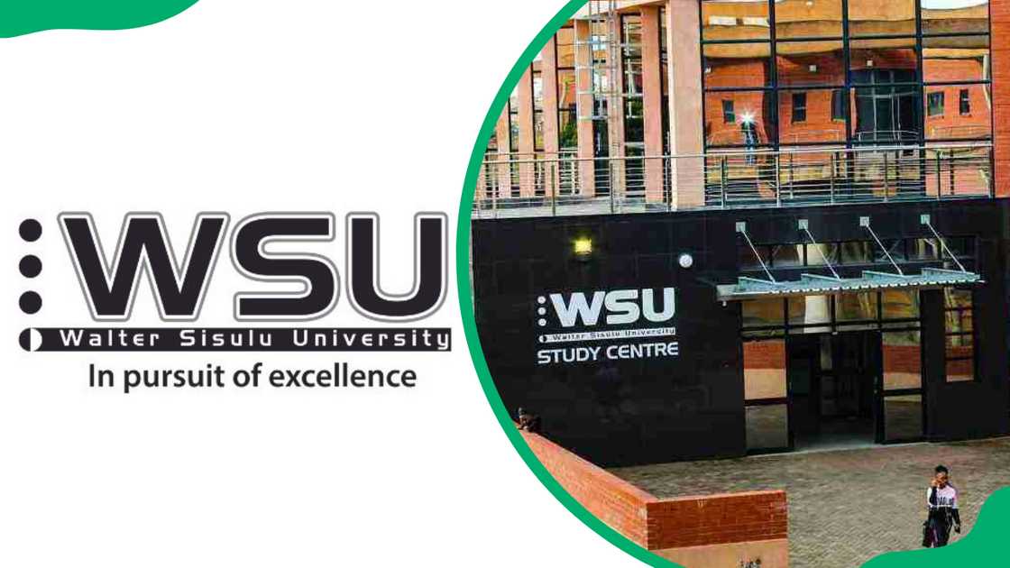 The Walter Sisulu University logo and a student walking past the WSU study centre