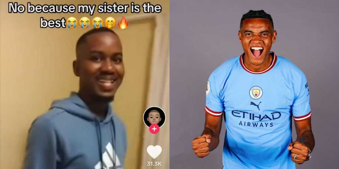 A young man was surprised by his sister with a Man City shirt. A young man was surprised by his sister with a Man City shirt.