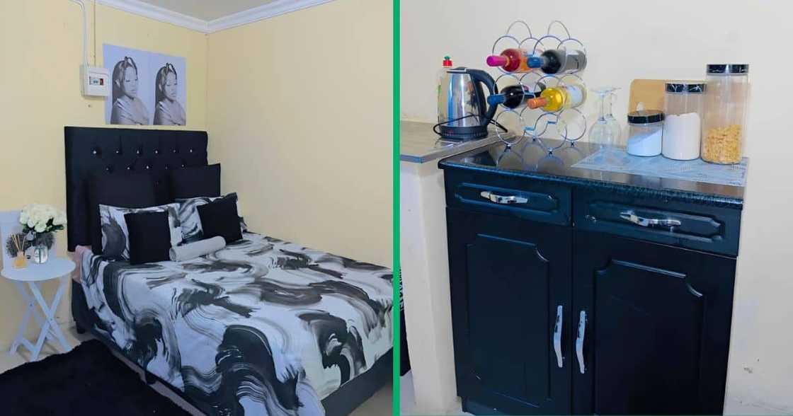 Images of a bed and kitchen area. Images of a bed and kitchen area.