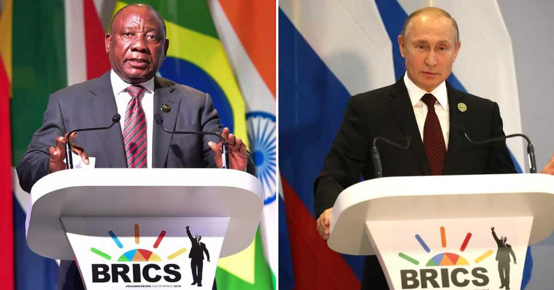 South African President Cyril Ramaphosa and Russian President Vladimir Putin behind the Brics Summit podium South African President Cyril Ramaphosa and Russian President Vladimir Putin behind the Brics Summit podium