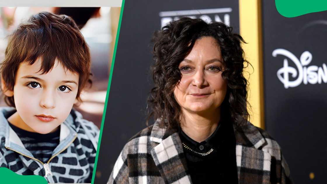 Levi Hank Gilbert-Adler (L). Sara Gilbert at Dodger Stadium in 2022 (R)