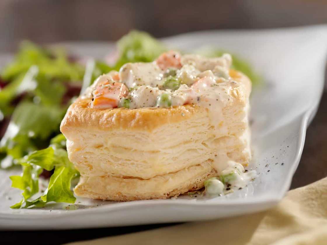 Chicken a la king in puff a pastry shell. Chicken a la king in puff a pastry shell.