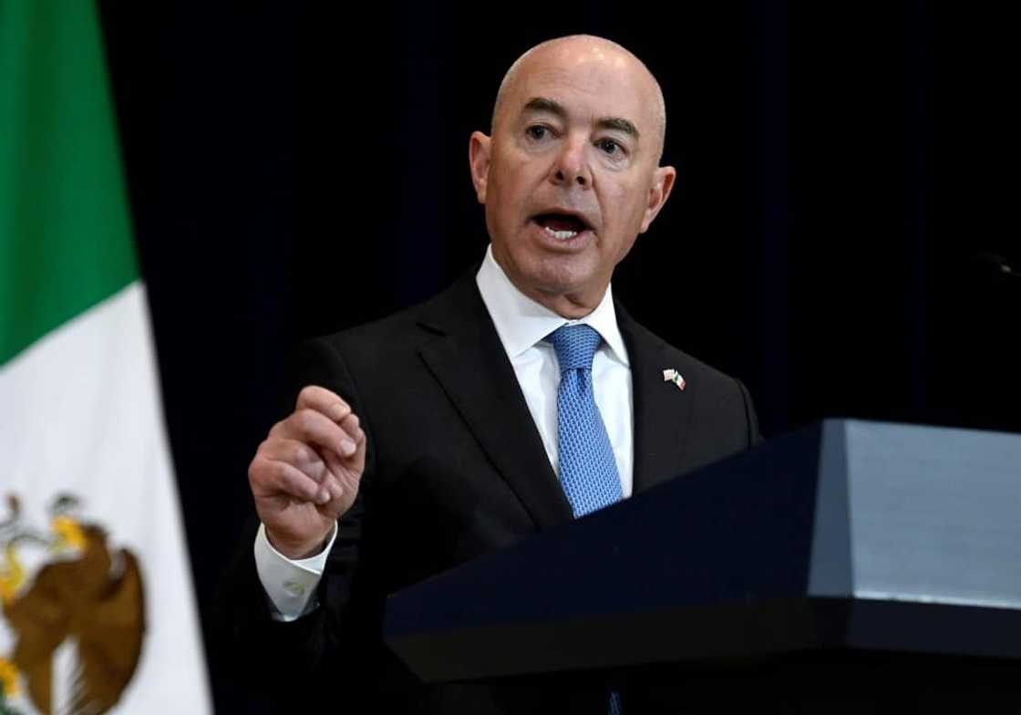 Homeland Security Secretary Alejandro Mayorkas speaks during a joint news conference with Mexican top officials in Washington