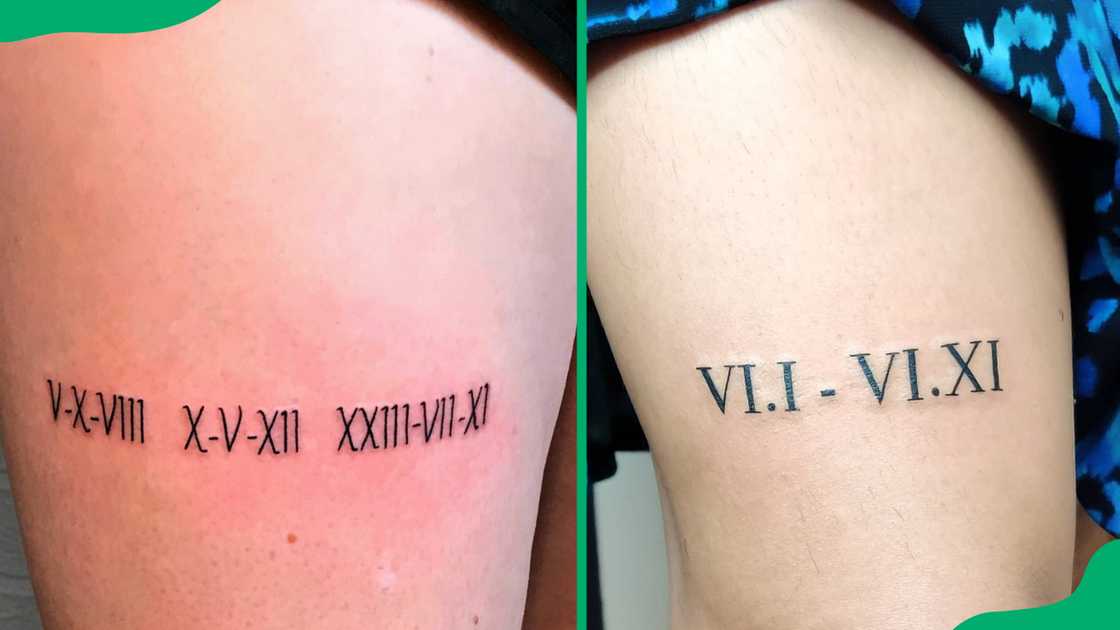 Roman numeral thigh tattoo.