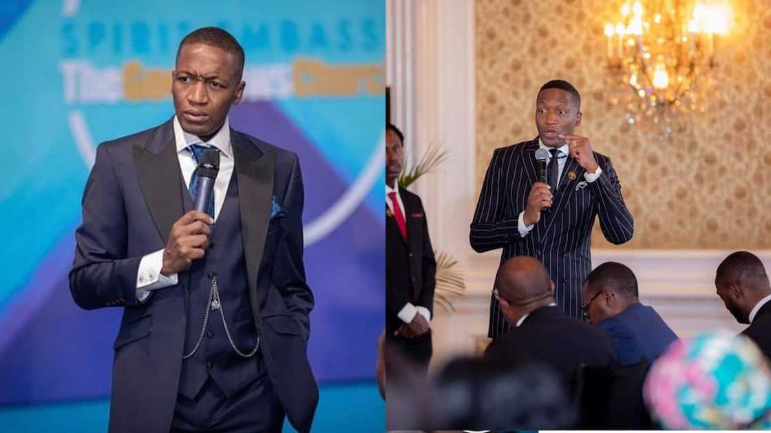 Prophet Uebert Angel preaching in a navy blue suit and a black striped suit Prophet Uebert Angel preaching in a navy blue suit and a black striped suit