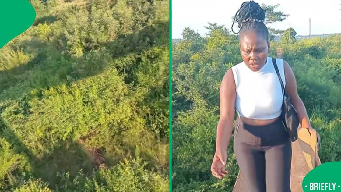 The visual on the right showed a woman crossing the bridge