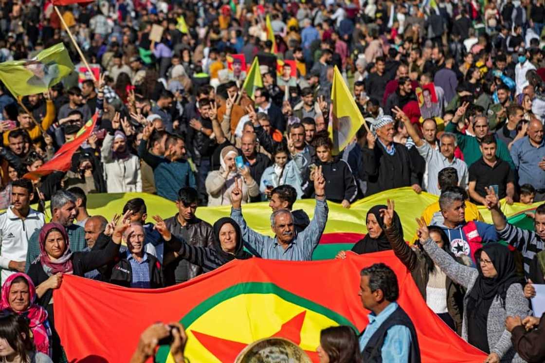 Syrian Kurds protest against Turkey and in solidarity with the Kurdistan Workers' Party (PKK), in the Kurdish-held city of Qamishli, on November 13, 2022