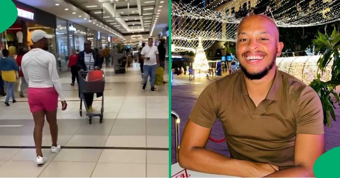 A man pretends to faint in a shopping mall. A man pretends to faint in a shopping mall.