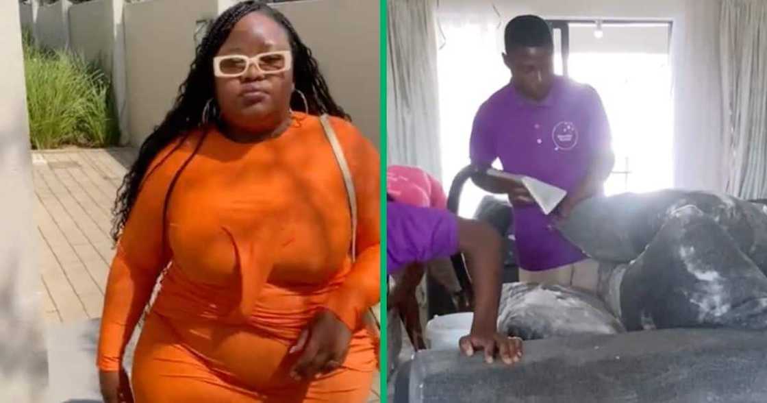 Young woman showcases hiring cleaning services. Young woman showcases hiring cleaning services.