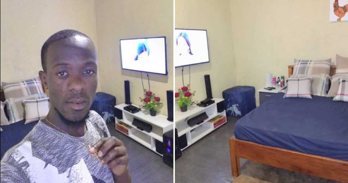 A few essential appliances occupy the small space. A few essential appliances occupy the small space.