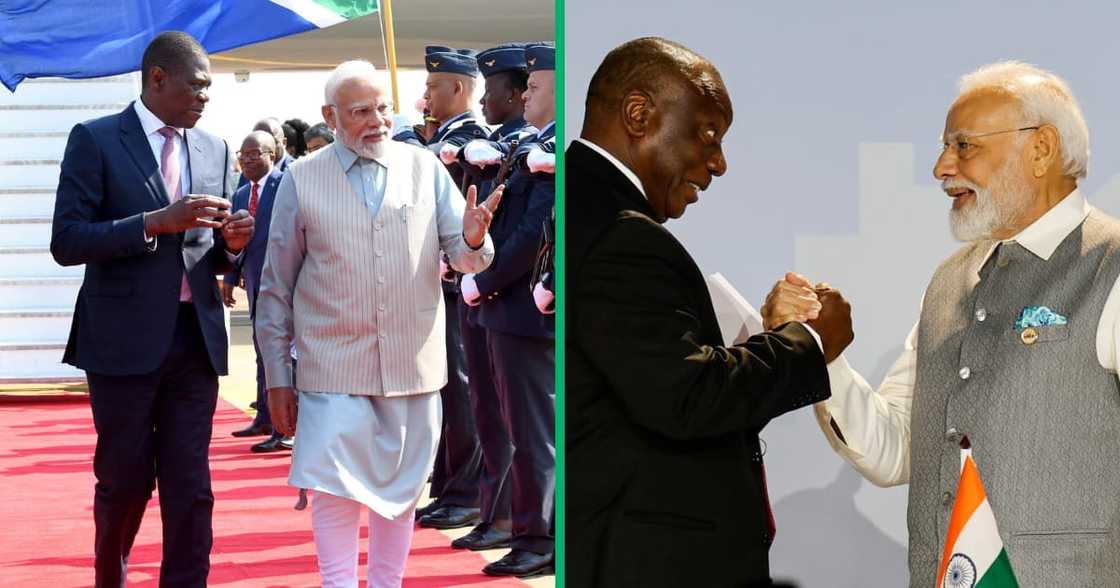 South African President Paul Mashatile welcomes Indian Prime Minister Narendra Modi upon his arrival at Air Force Base Waterkloof ahead of the 15th BRICS summit.