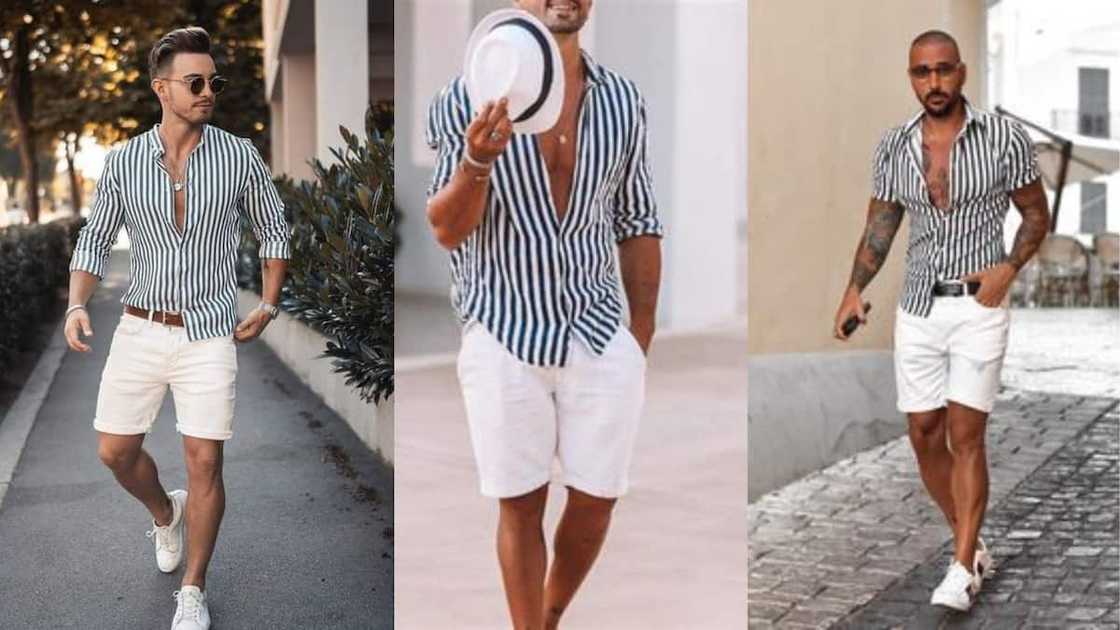 Stripped black and white shirt with belted white shorts