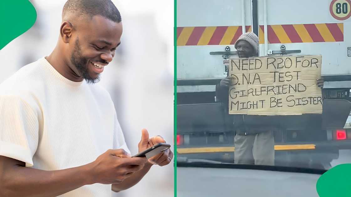 A man at a traffic stop held up a cardboard sign with a funny message asking for R20 A man at a traffic stop held up a cardboard sign with a funny message asking for R20