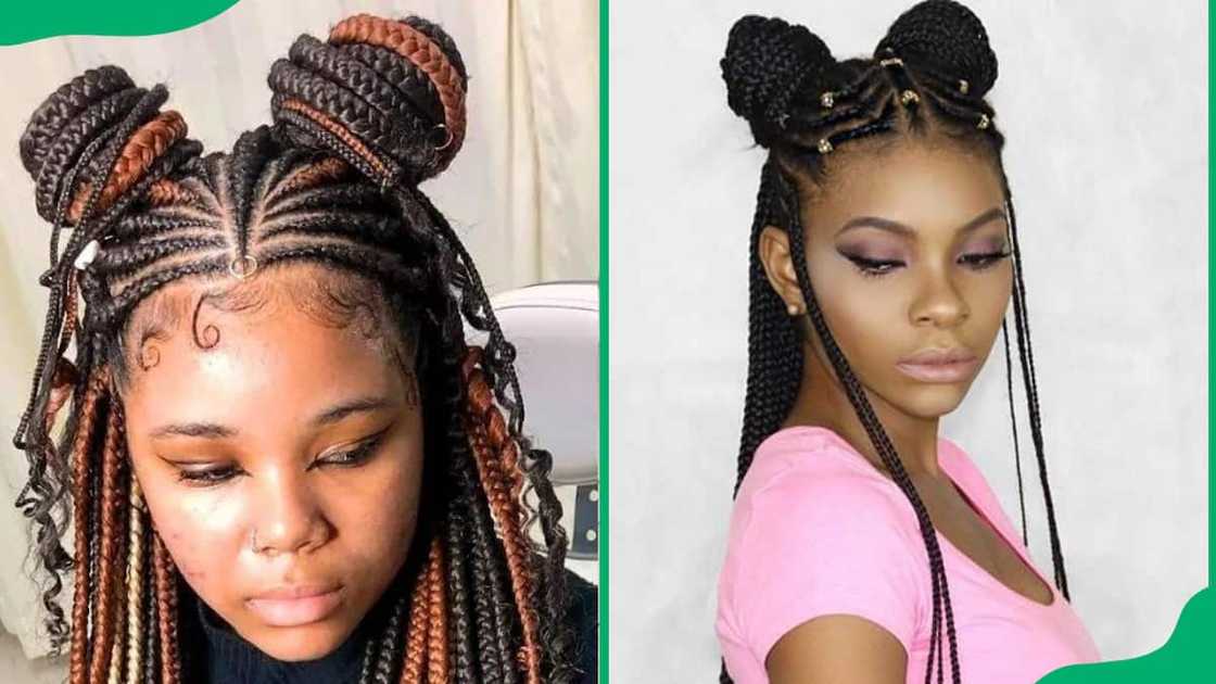 Fulani braids with double-space buns Fulani braids with double-space buns