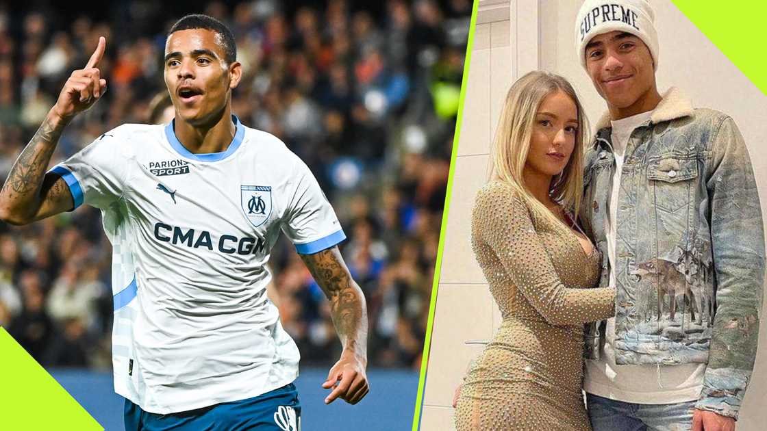 Olympique Marseille forward Mason Greenwood is expecting his second child with partner Harriet Robson. Photos by Icon Sport/Getty Images.