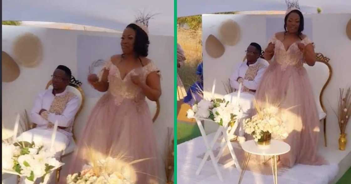 A man looked unhappy at his wedding while his wife danced