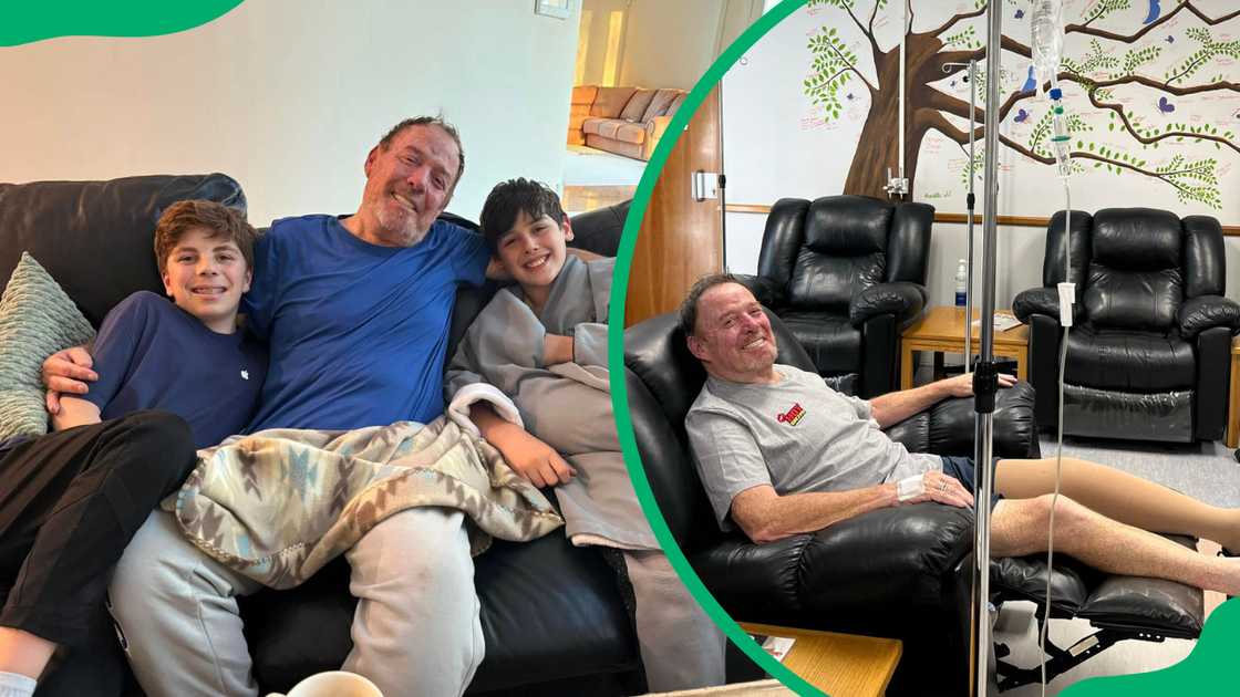 Darren Scott sits on a black couch with his sons, and he smiles while undergoing treatment