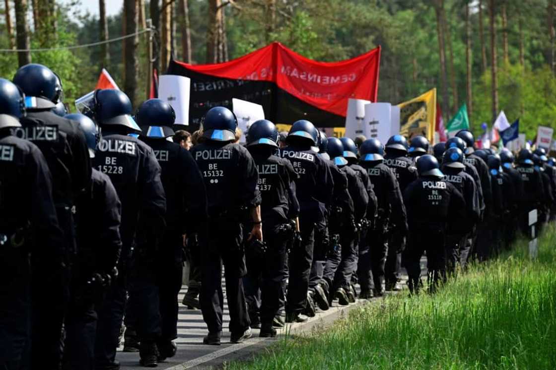 Police were out in force on Saturday as some protesters tried to get into the factory the day before