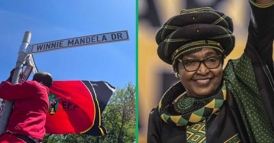 Collage image of a street sign and Winnie Madikizela Mandela Collage image of a street sign and Winnie Madikizela Mandela