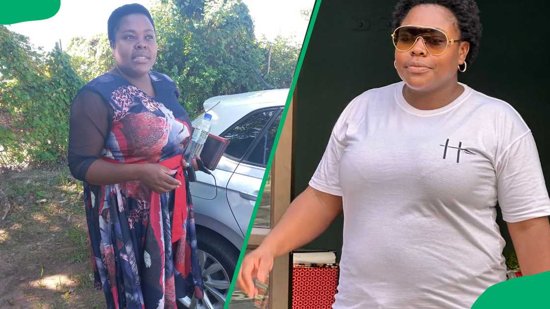 Magubane standing next to a car and attending an event.