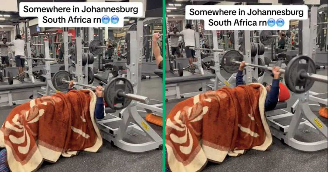 A man gyms in a blanket