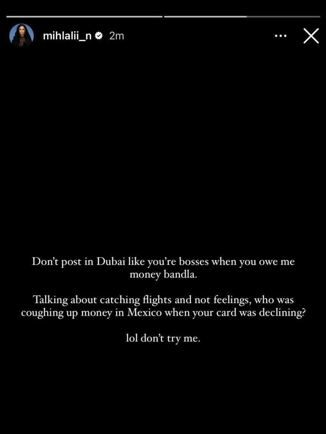 Mihlali drags her ex Leeroy Sidambe and his friend Melusi. Mihlali drags her ex Leeroy Sidambe and his friend Melusi.