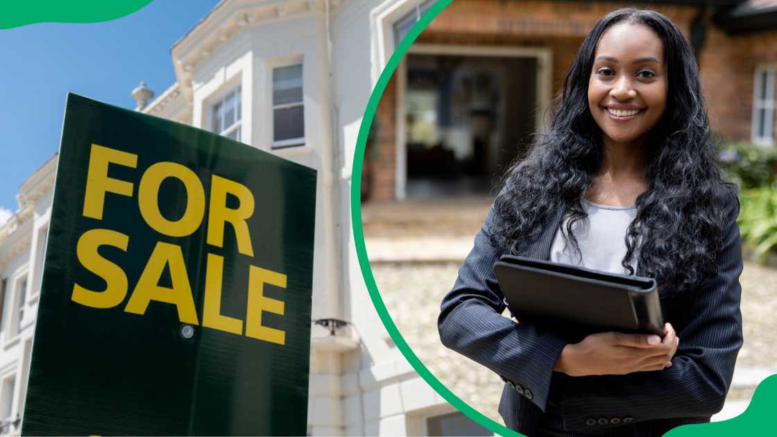 A general view of a for-sale board by residential townhouses in Southend-on-Sea, UK (L). A real estate agent smiling in front of a house (R).