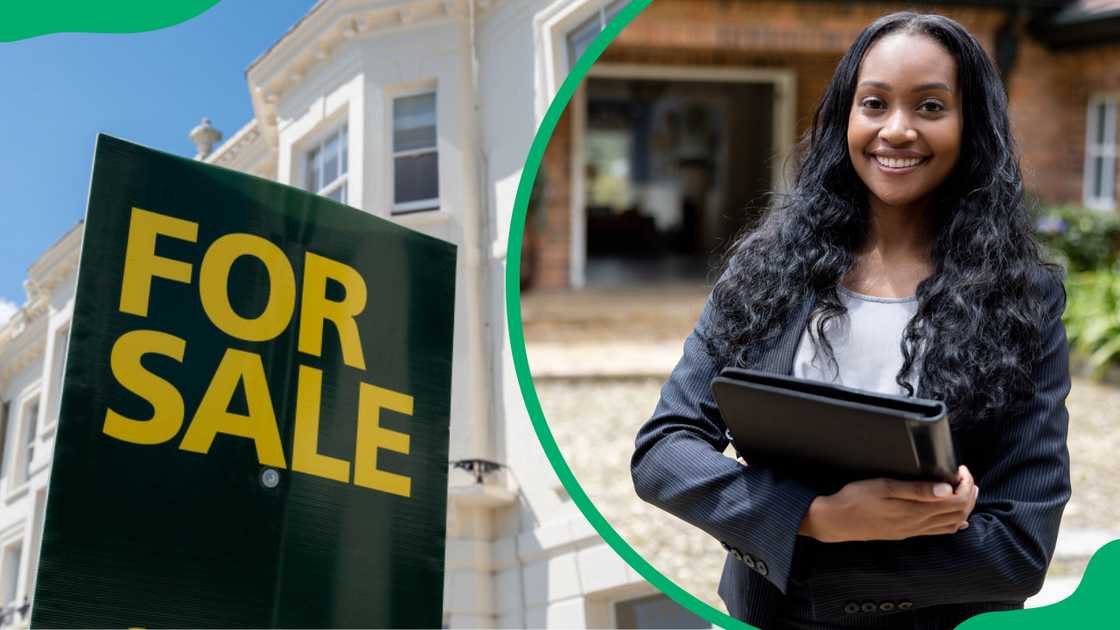 A general view of a for-sale board by residential townhouses in Southend-on-Sea, UK (L). A real estate agent smiling in front of a house (R). A general view of a for-sale board by residential townhouses in Southend-on-Sea, UK (L). A real estate agent smiling in front of a house (R).