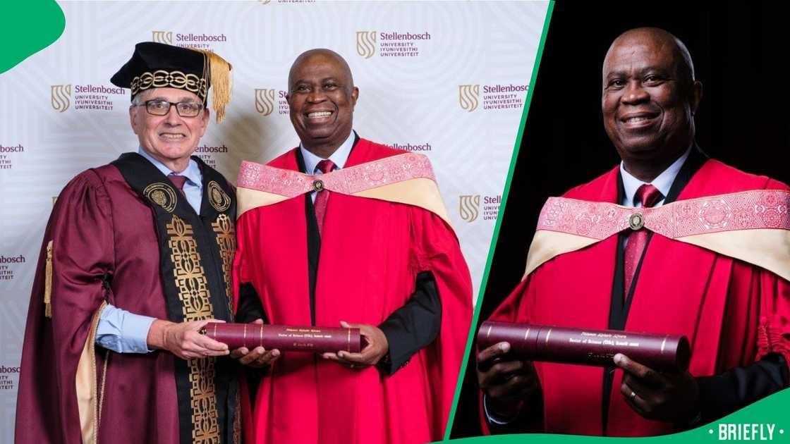 Dr Phil Mjwara at the graduation ceremony with Prof Wim de Villiers. Dr Phil Mjwara at the graduation ceremony with Prof Wim de Villiers.