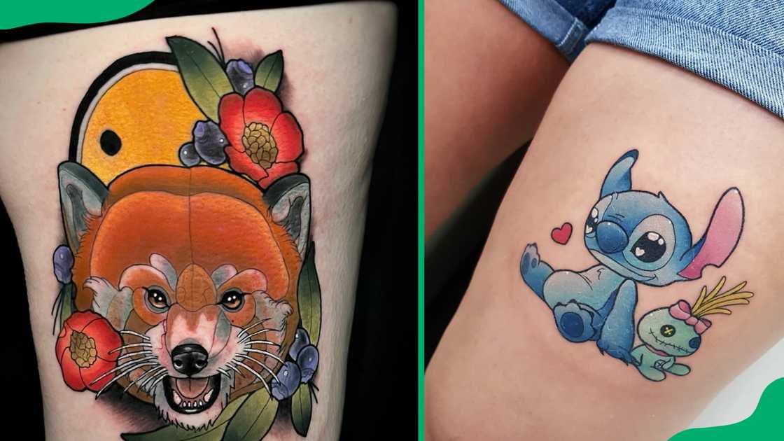 Cute girly front thigh tattoos.