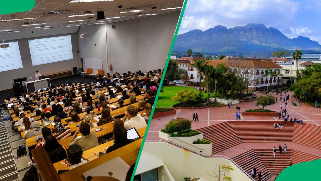 The University of Stellenbosch students in the lecture room and an aerial view of the university The University of Stellenbosch students in the lecture room and an aerial view of the university