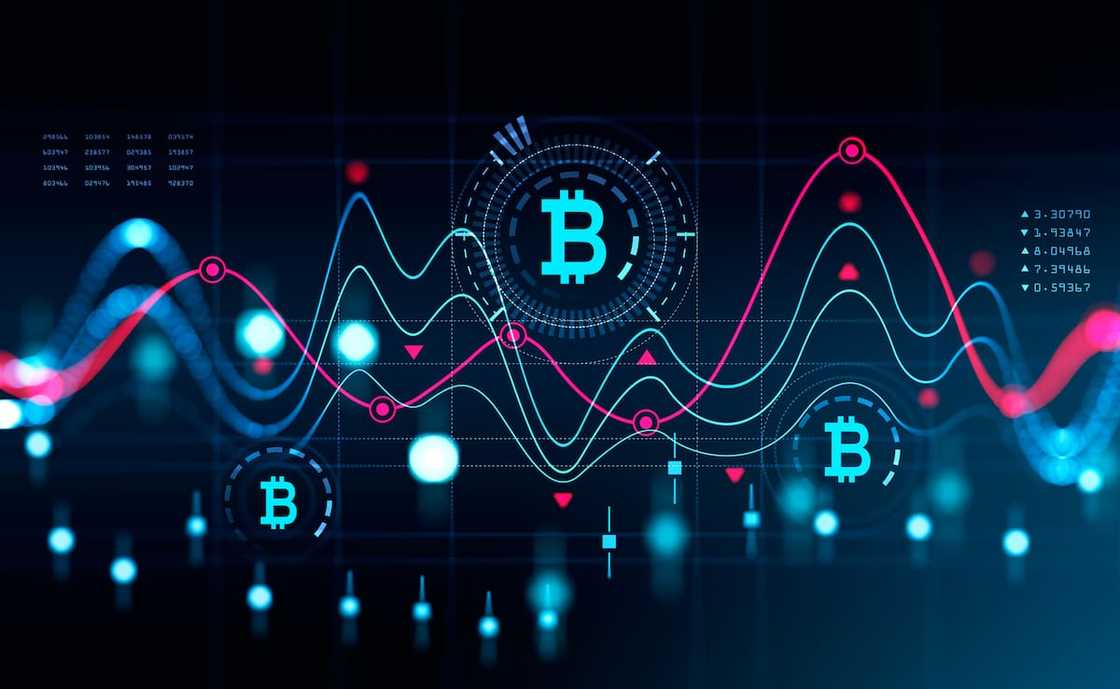 Cryptocurrency hologram with data, graphs, and bitcoin icon