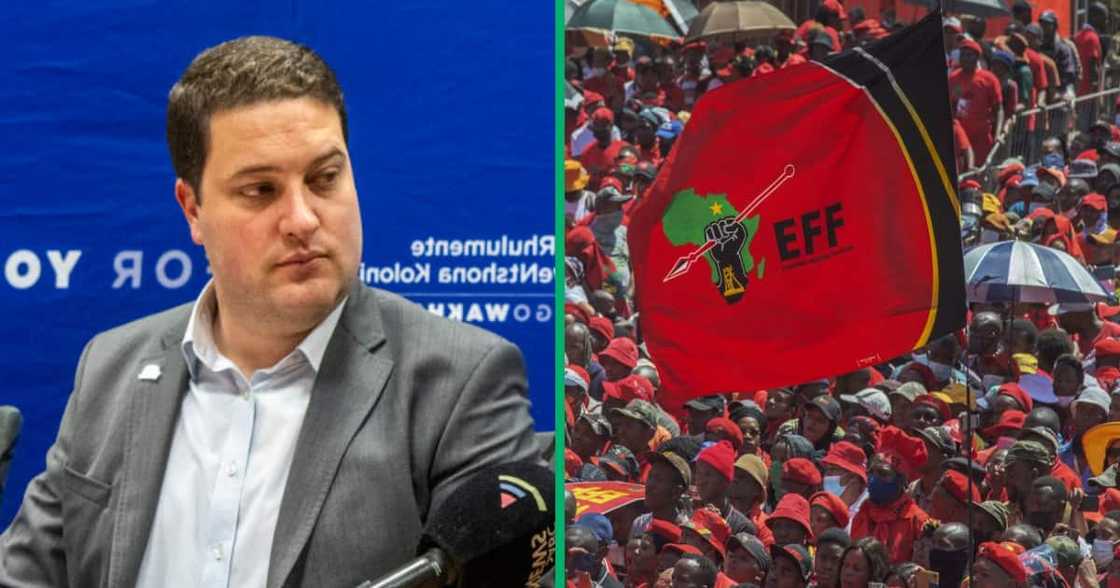 Cape Town Mayor Geordin Lewis-Hill slammed the EFF for disrupting his address at a council meeting Cape Town Mayor Geordin Lewis-Hill slammed the EFF for disrupting his address at a council meeting