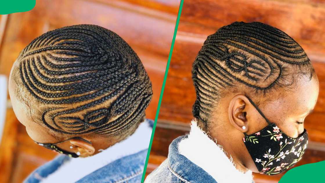 A woman with sleek side-parted cornrows A woman with sleek side-parted cornrows