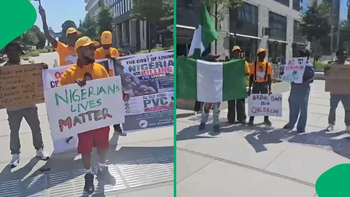 Protesters held placards reading "Nigerian lives matter" while refusing to return to their home country