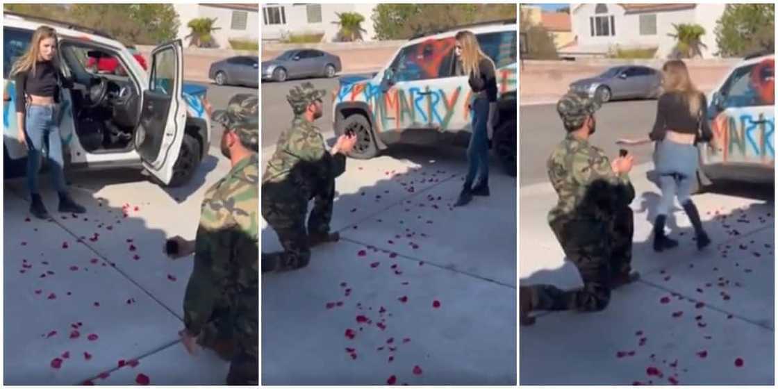Proposal 'ends in tears' as lady slams soldier for spraying 'marry me' paint on her car Proposal 'ends in tears' as lady slams soldier for spraying 'marry me' paint on her car
