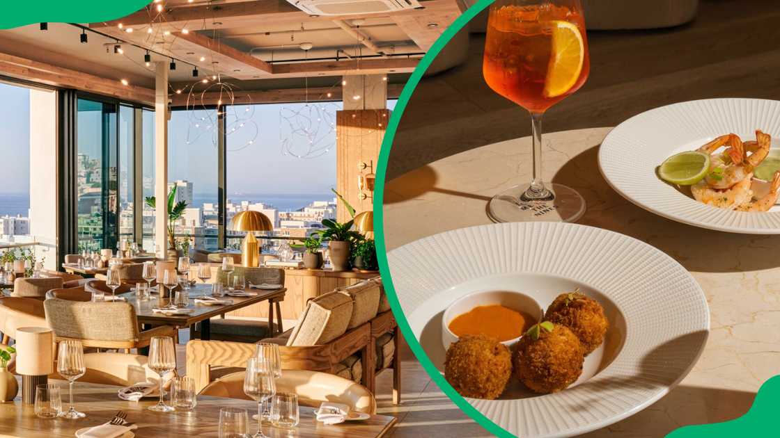 The Nines dining area and a seafood meal on the table