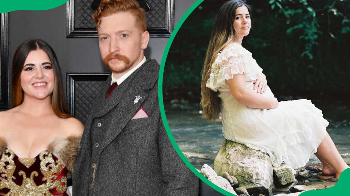 Senora May and Tyler Childers during the 2020 Grammy Awards (L). May's maternity photoshoot (R)