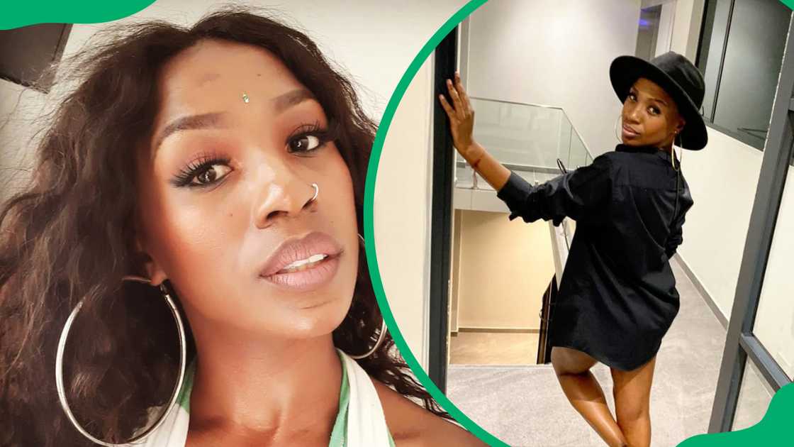 Busi Lurayi takes a selfie in a long wig, an she is seen in an all-black outfit