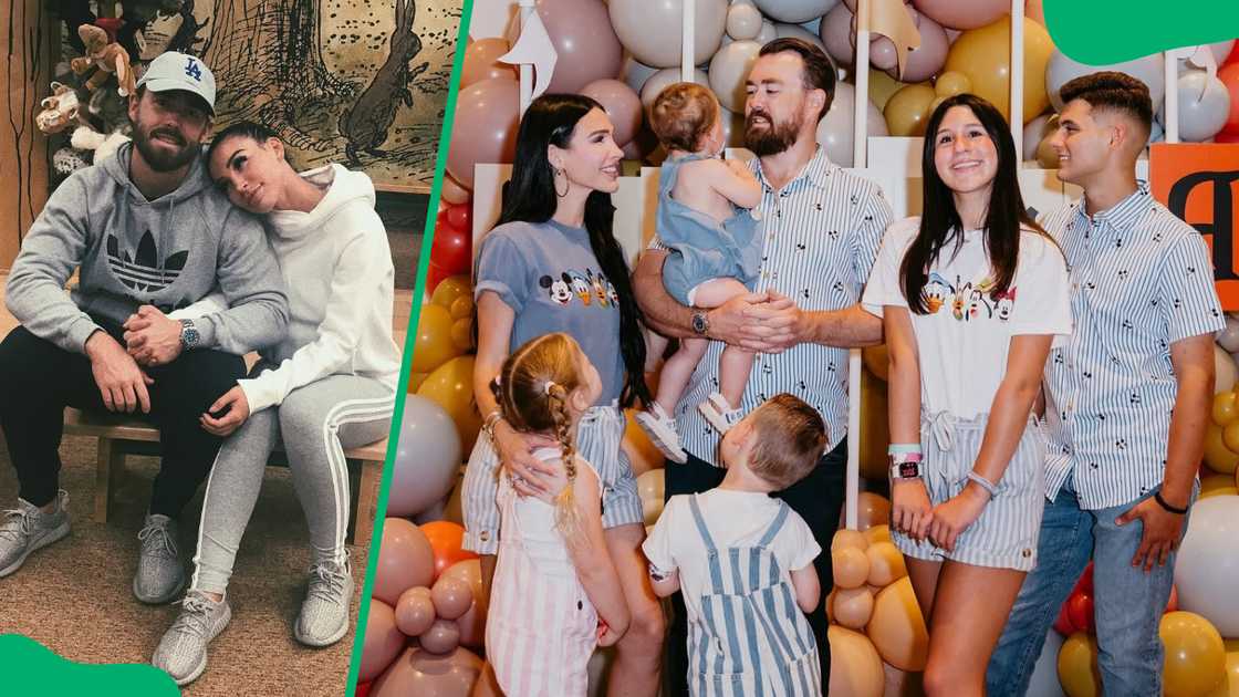 Krystiana leaning on her husband and looking at him in a family picture Krystiana leaning on her husband and looking at him in a family picture