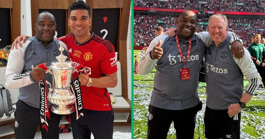 SA legend Benni McCarthy celebrates Manchester United's FA Cup victory.