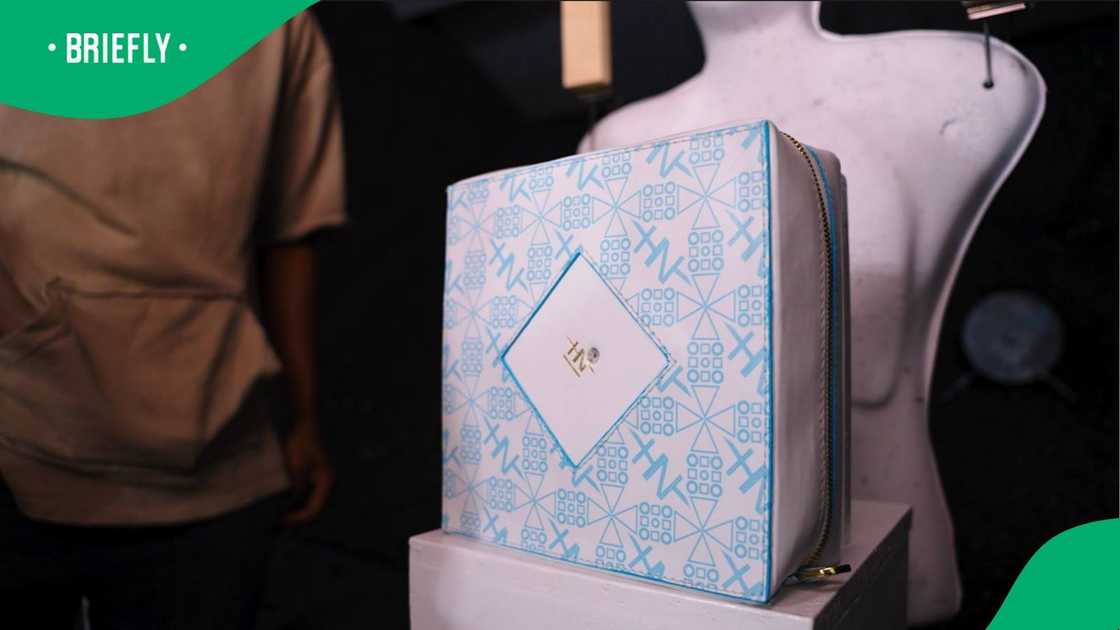 The image showed a white and blue handbag