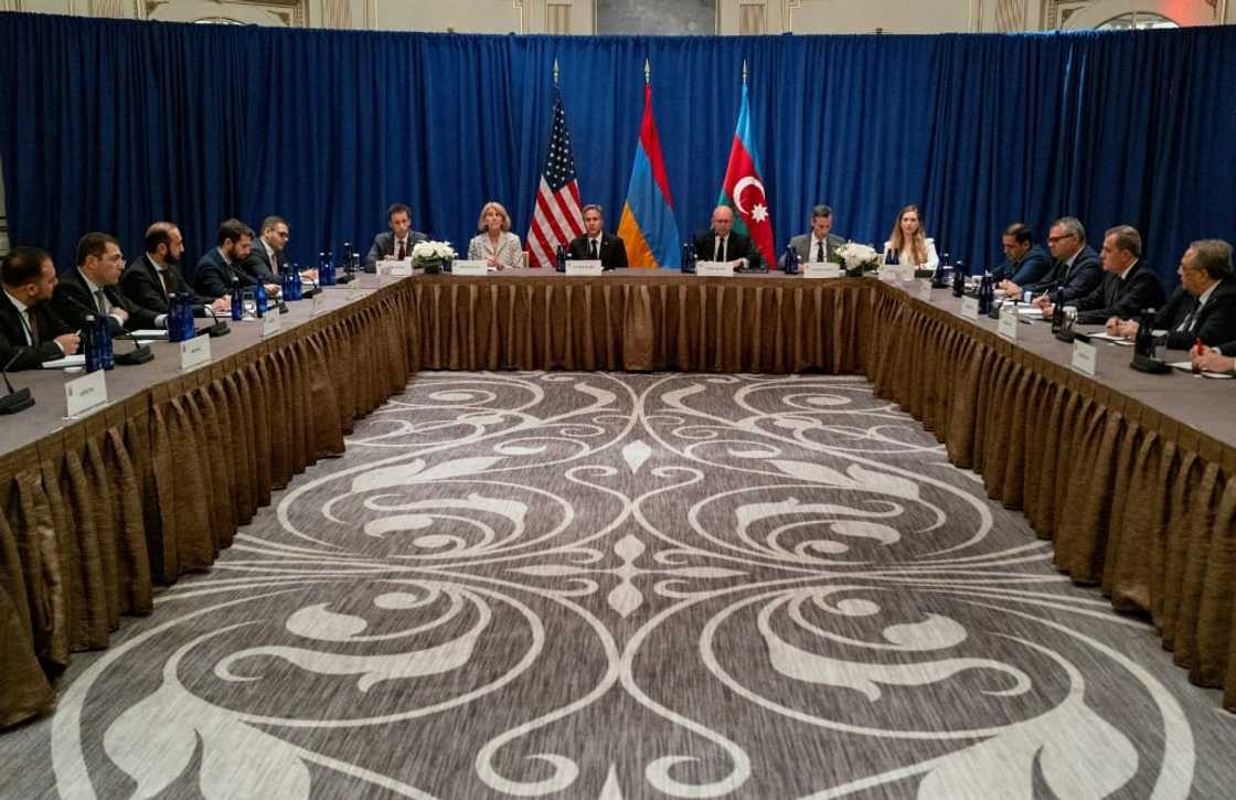 US Secretary of State Antony Blinken (enter) meets the Armenian and Azerbaijani foreign ministers and their delegations in New York