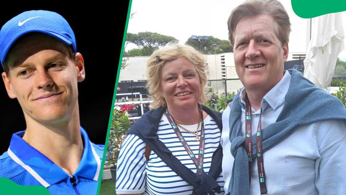 Jannik Sinner during the 2024 Davis Cup Final (L). Siglinde and Johann Sinner posing for a photo (R)