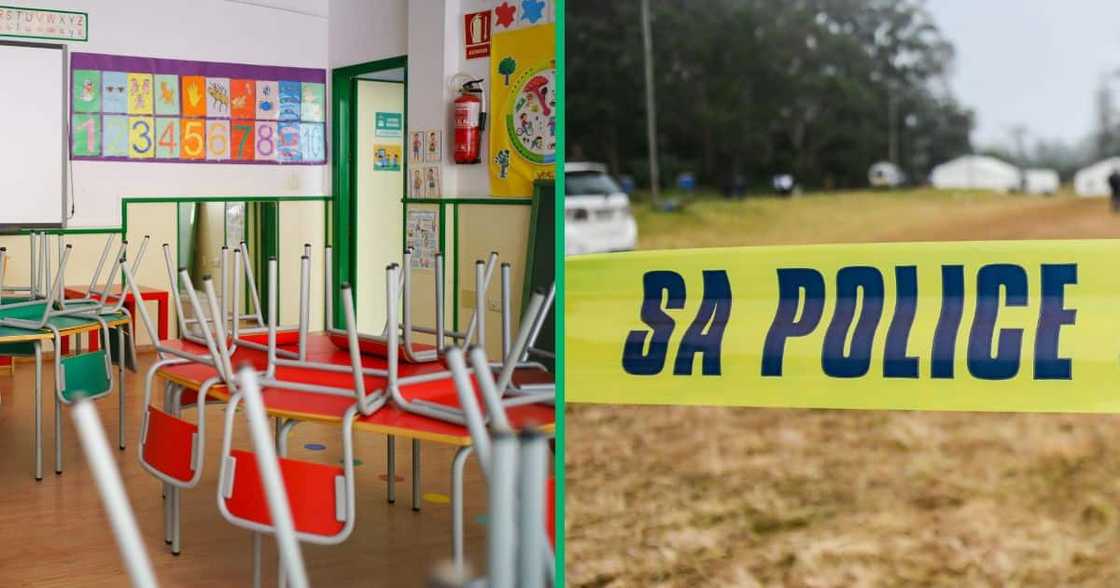 Collage image of an empty classroom and police crime scene tape