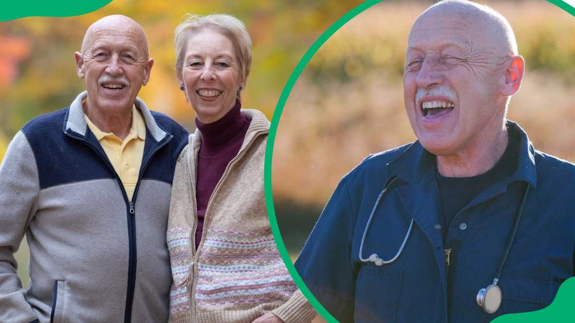 Dr Pol and his wife standing close together in an outdoor setting (L). Dr Pol wearing a dark blue shirt with a stethoscope around his neck (R)