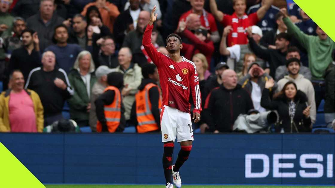 Amad Diallo dedicates his goal to his late 'mother' during the Premier League match between Brighton and Manchester United FC at Amex Stadium on August 24, 2024. Photo: Eddie Keogh.