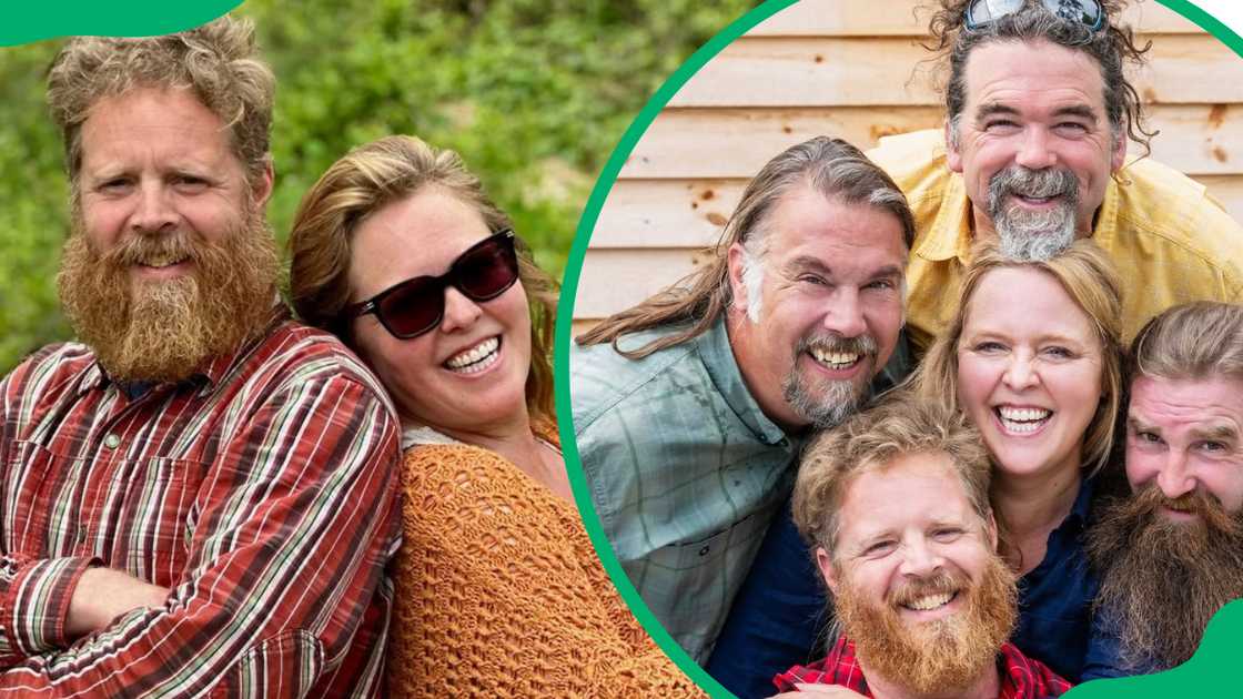 Chase and Ashley Morrill (L). The Maine Cabin Masters cast members (R)