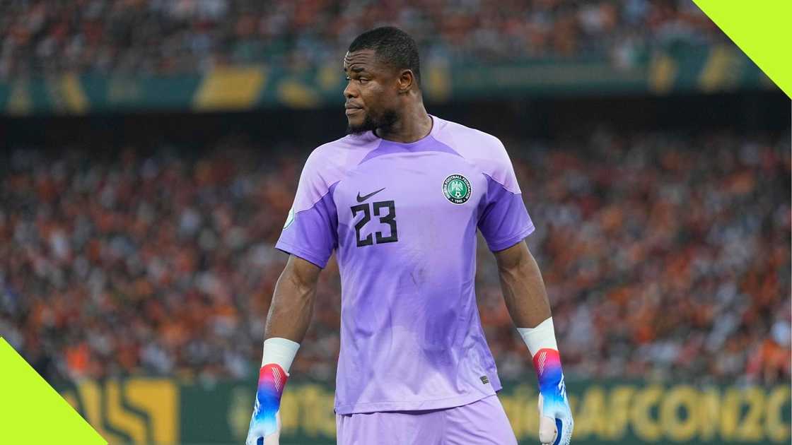 Stanley Nwabali looks on during the 2023 Africa Cup of Nations final match between Nigeria and Ivory Coast at Stade Olympique Alassane Ouattara in Abidjan, Ivory Coast. Photo: Ulrik Pedersen. Stanley Nwabali looks on during the 2023 Africa Cup of Nations final match between Nigeria and Ivory Coast at Stade Olympique Alassane Ouattara in Abidjan, Ivory Coast. Photo: Ulrik Pedersen.